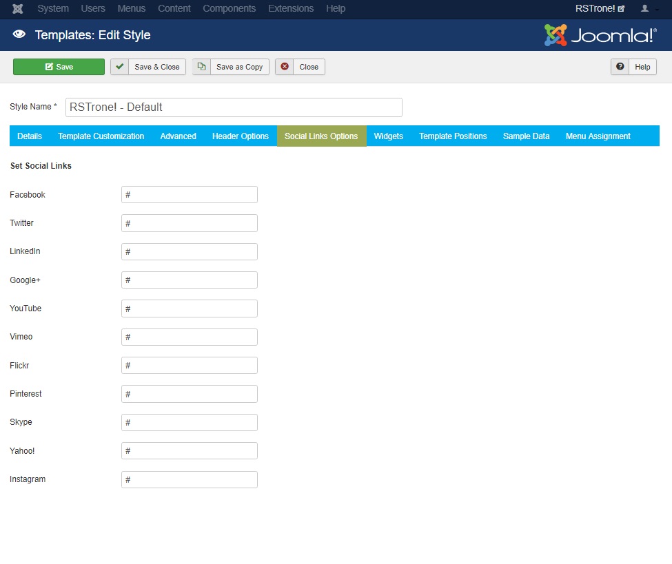 RSTrone! Joomla! 3.x template Social Links Options Tab preview