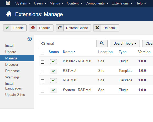 Uninstalling RSTuvia! - Select RSTuvia! Package and click uninstall