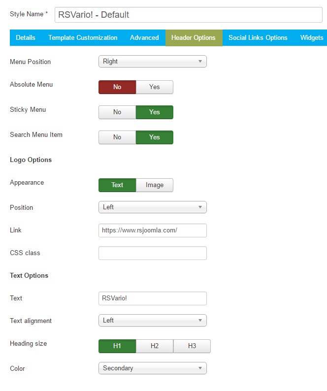 RSVario! Joomla! 3.x template Header Options Tab preview